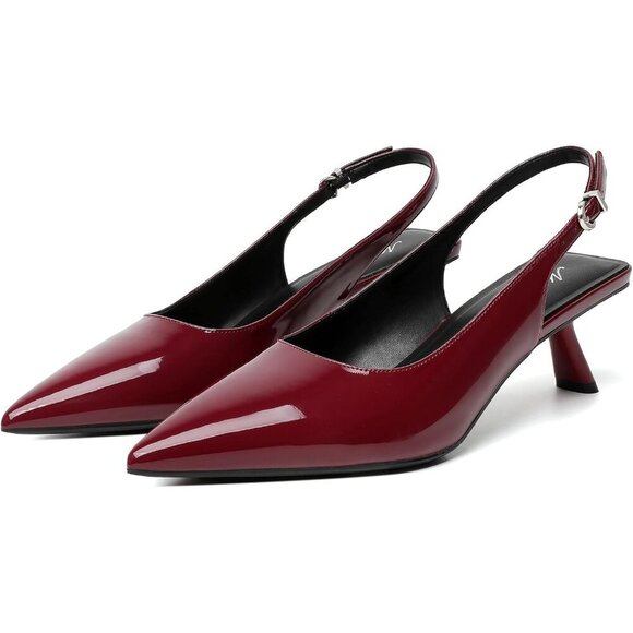 Mostrin Kitten Heel Burgundy Faux Leather Low Slingback Heels with Buckle - Picture 9 of 9